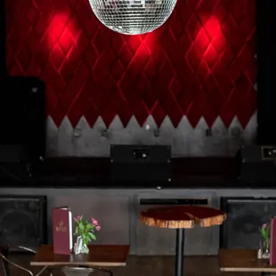 a disco ball hanging from the ceiling