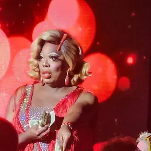 a woman in a red dress