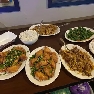 Salt and pepper wings, chicken chow fun, Mongolian beef and string beans and a side of rice