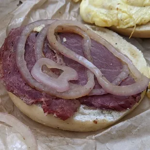 Bagel sandwich ordered with only corned beef and grilled onions (I feel like there could have been more corned beef).