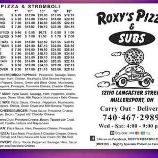 This is the Official Menu of Roxy's Pizza for 2022, Updated 2022-01-22, pg 1