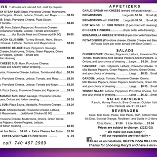 This is the Official Menu of Roxy's Pizza for 2022, Updated 2022-01-22, pg 2
