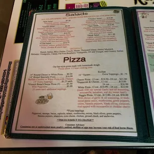the menu and prices