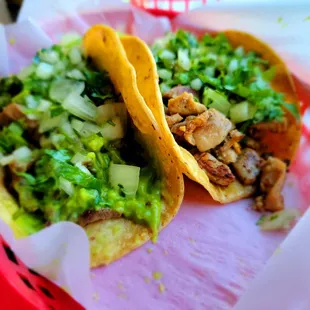 A Pollo and a Carne Taco with guac - YUM!