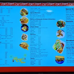 Full menu, Mexican restaurant