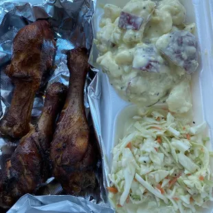Smoked delicious chicken legs, potato salad and Coleslaw. Yum!!!