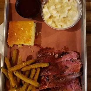 Pork ribs, mac and cheese, fried green beans