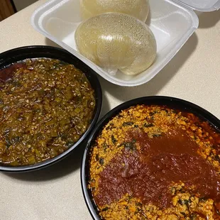 Okra stew and egusi stew. They don't include rice or fufu. Cost extra.
