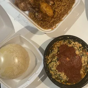 Jollof rice, egusi soup, and fufu.
