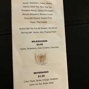 a menu for a drink
