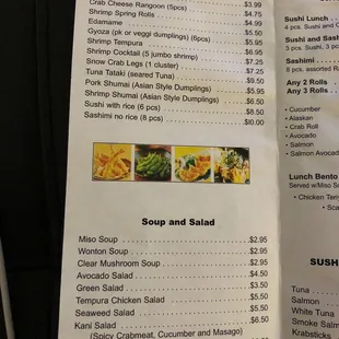 the menu of the restaurant