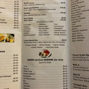 the menu for the restaurant