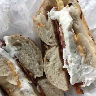Onion bagel, bacon, egg, cream cheese