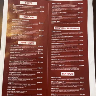 Appetizer and food menu