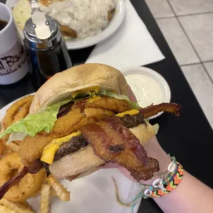 bacon, lettuce, and cheeseburger