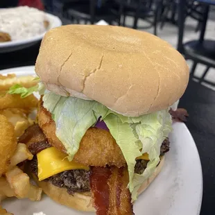 a burger and fries on a plate