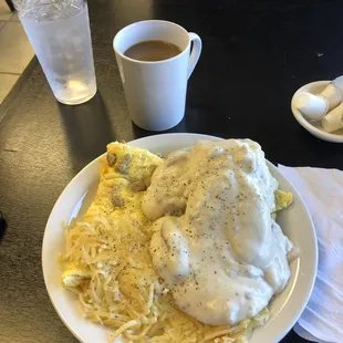 Sausage omelette with biscuits and gravy