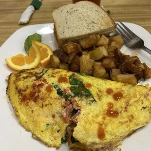 Florentine omelet cubed potatoes and rye toast.