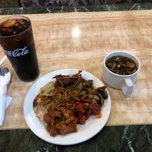 a plate of food and a drink