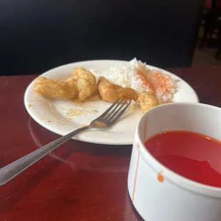 Sweet and sour chicken. Sweet and sour sauce. White rice.