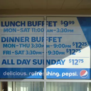 Designated meal times and prices, front window.