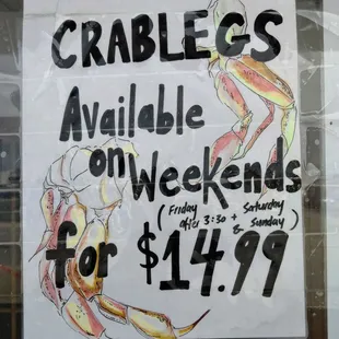 Crab legs, frog legs, oysters, salmon, shrimp. Hibachi grill is open, serving delicious selection of fresh foods.  Made to order!