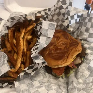 Bacon cheeseburger and fries