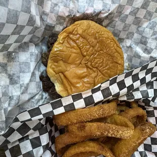 Burger and onion rings