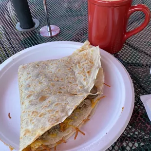 Philly cheesesteak crepe and brava coffee with caramel