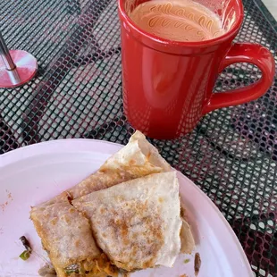 Philly cheesesteak crepe and brava coffee with caramel