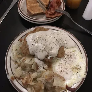 Country Chicken Fried Steak, toast and a side of bacon