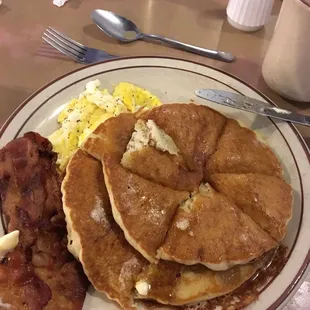 Pancakes, eggs, and bacon