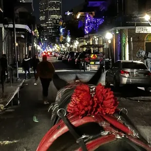 Riding down a street.