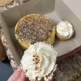 Turtle cheesecake, vanilla almond cupcake, pumpkin cupcake, and oatmeal scotchie