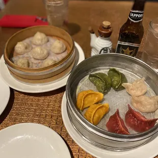 Authentic soup dumplings (Xiao Long Bao) and assorted dumpling (veggie, chicken, pork and shrimp).