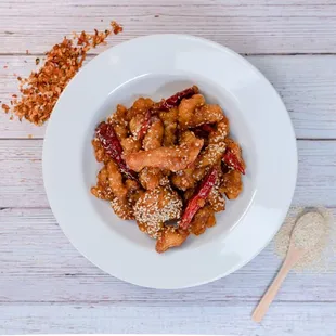 Spicy orange chicken: a good choice for customer who love orange and eat spicy.