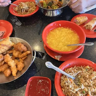 Egg Drop Soup, sweet and sour chicken, veggie fried rice, veggie egg rolls, crunchy spring roll,  beef and broccoli