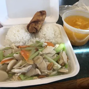 Almond Chicken, Egg Roll, and Egg Drop Soup