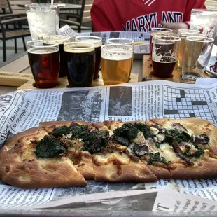 Mushroom flat bread and beer flight.
