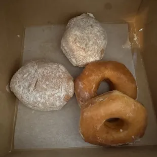 The powdered creme filled and glazed were delicious! I ate the maple creme before taking a picture, but it was perfect!