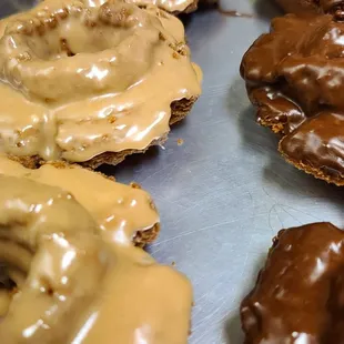 Maple vs chocolate icing; old fashioned doughnuts