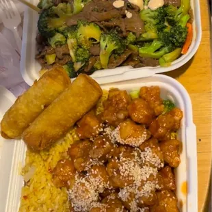 Sesame chicken with pork fried rice  Beef and broccoli with beef lomein