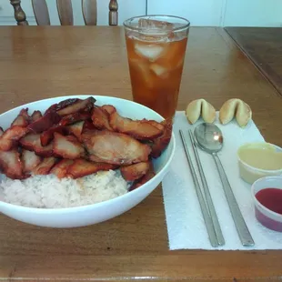 BBQ pork, hot mustard, and white rice.
