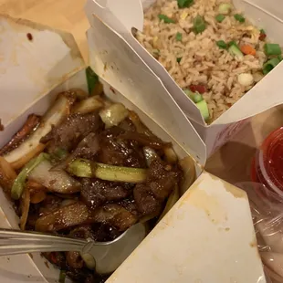 Mongolian beef and bbq pork fried rice