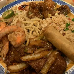 Salt and pepper shrimp, egg roll, Mongolian beef, House chow mein, pork fried rice, general chicken