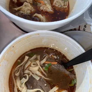 Beef noodles and spicy wontons