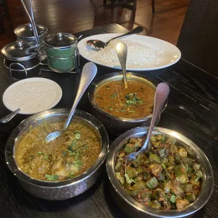 Raita, Aloo Paneer, Bindi Masala and Daal