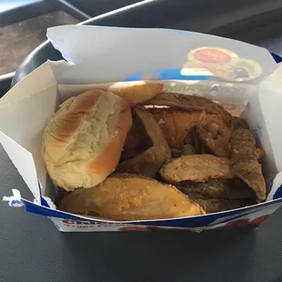 Dash cam; two piece white meat with western fries and roll