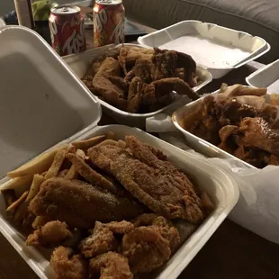 3. 2 Tilapia, 4 Wings, Fries and Soda Combo 8. 2 Tilapia, 8 Pieces of Shrimp, Fries and Soda Combo 6-Piece Buffalo Wings