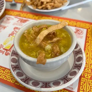 Egg drop soup with crispy noodles
